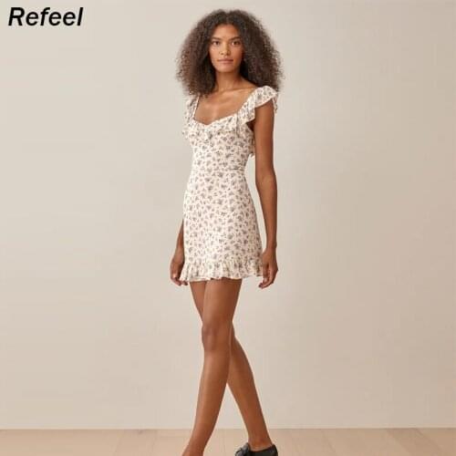 White Floral Ruffles Dress Women Backless Elastic Summer Dress Outfits Sexy Mini Beach Dresses Vocation French