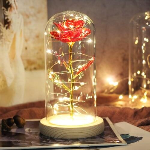 Artificial Eternal Rose Beauty and The Beast Gold Foil Galaxy Rose Flower LED Light In Glass Dome Mother Day Gift for Girls