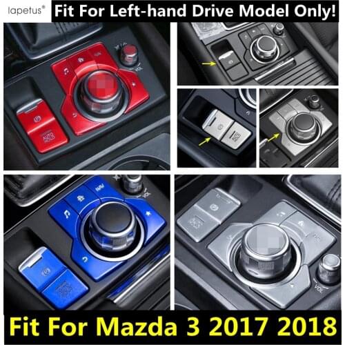 Handbrake Electrical Park / Center Multimedia Knob Button Panel Red / Blue / Silver Metal Cover Trim Fit For Mazda 3 2017 2018