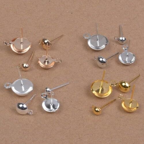 100pcs/lot 4mm 6mm 8mm 10mm Gold/Silver/Rhodium Earring Post Pin Stud With Loop Earrings DIY Jewelry Making Findings Accessory