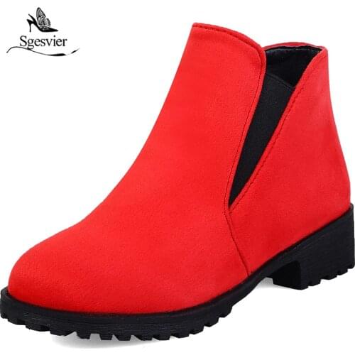 Sgesvier Ankle Boots Round Toe Chelsea Boots Thick Heels Woman Fashion Flock Slip-On Womens Autumn Shoes Size 33-46 OX574