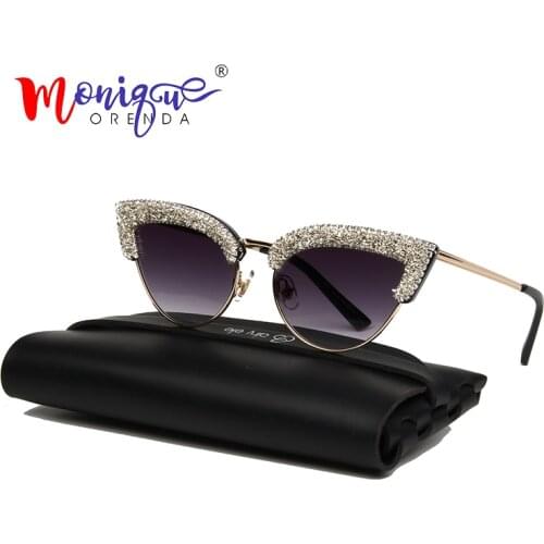 Fashion cat eye sunglasses women brand designer vintage half frame gravel rhinestone sun glasses men shades oculos de sol UV400