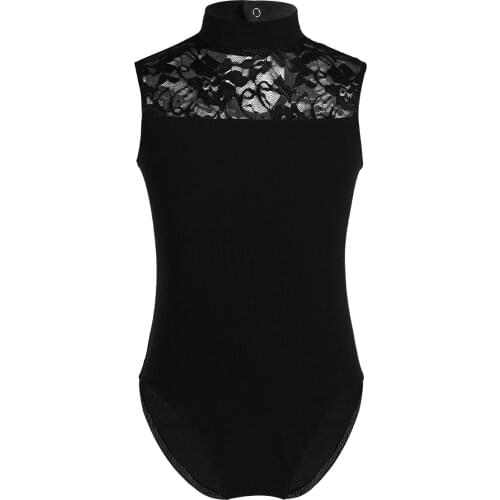 Kids Girls Leotard Sleeveless Turtle Neck Lace Back Ballet Dance Dress Gymnastics Jumpsuit Chidren Workout Bodysuit Dancewear