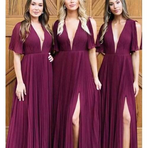 Gorgeous Simple Cheap Deep V Neck Long Pleated Berry Purple Wedding Guest Dress Bridesmaid Dresses