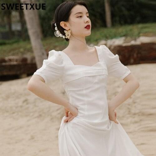 SWEETXUE Temperament Fairy white Retro Dress Square Collar Summer Women Casual Elegant Fashion Party Vestidos Femme