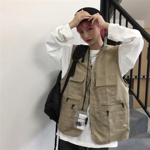 Women Khaki Daily Harajuku Fashion Outwear Lady Sleeveless Clothing Newly All-match 2021 Spring V-Neck Pockets Couple