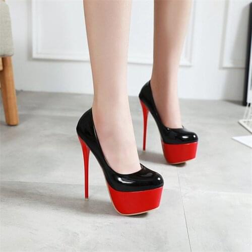 Women Platform High Heels 16cm Stiletto Big Size Women Shoes High Heel Shoes Woman Pump New Red and Black Heels Round Toe Pumps