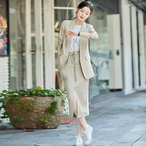 Summer Womens Set Fashion Women Skirt Suits Notched Cotton linen Blazer Jackets & Loose skirt Two Pieces OL Sets Female Outfits