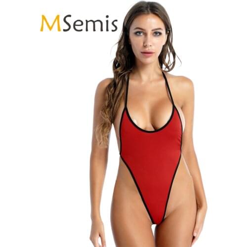 Womens Swimsuit Scoop Neck Lace-up Backless Bodysuit One-piece Swimsuit Swimwear High Cut Bathing Suit Ladies Sexy Beachwear