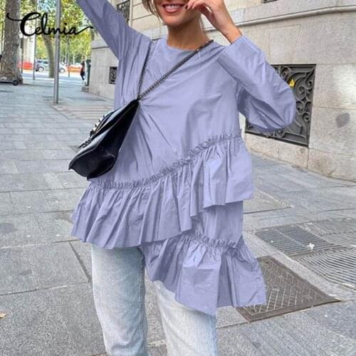 Celmia Stylish Tops Women Long Sleeve Asymmetrical Blouses Round Neck Elegant Ruffles Top Casual Tunic Blusas Femme