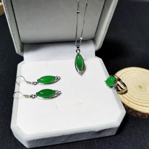 Vintage 100% Silver 925 Jewelry Sets Natural Chinese Green Jade Ring Earrings Necklaces For Women Lady Party Anniversary Jewelry