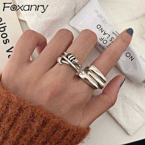 Foxanry Minimalist 925 Sterling Silver Smooth Rings for Women New Fashion Irregular Geometric Punk Hiphop Party Jewelry Gifts