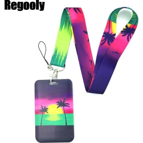10pcs Romantic Beach Setting Sun Coconut Tree Neck Strap Lanyard for keys lanyard card ID Holder Key Chain for Gifts