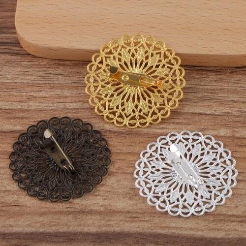 10pcs/lot 38mm Gold/Silver/Bronze Copper Flower Brooch Pins Base Cabochons Blank Base Brass Brooch Setting for DIY Jewelry