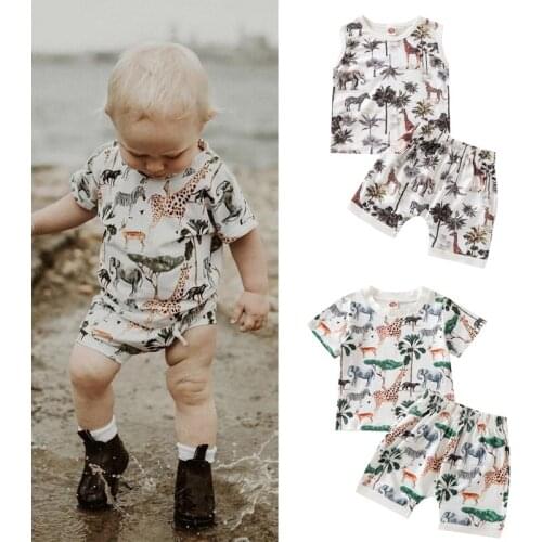 FOCUSNORM 0-4Y Summer Toddler Kids Boys Clothes Sets 2pcs Animal Printed Pullover Tops Elastic Shorts
