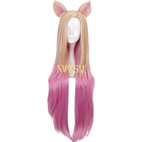 Game KDA Baddest Ahri Cosplay Wigs LOL KDA Cosplay Blonde Mixed Pink Wigs with Ears Heat Resistant Synthetic Hair Wig