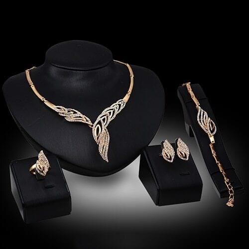 Wedding Bridal Party Wavy Rhinestone Jewelry Set Choker Necklace Bracelet Ring Earrings Set Women Stainless Steel Jewelry