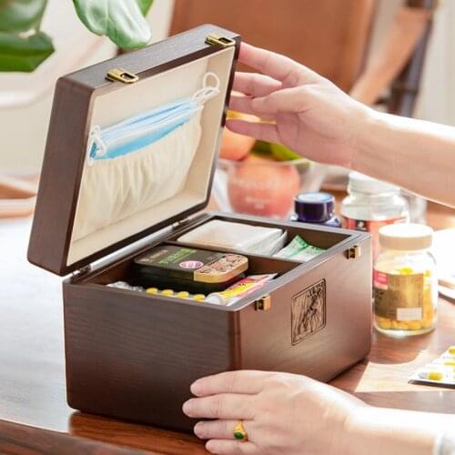 Medicine Storage Box Household Large Capacity Portable Family First Aid Kit Solid Wood Medical Box Mask Medicine Storage Box