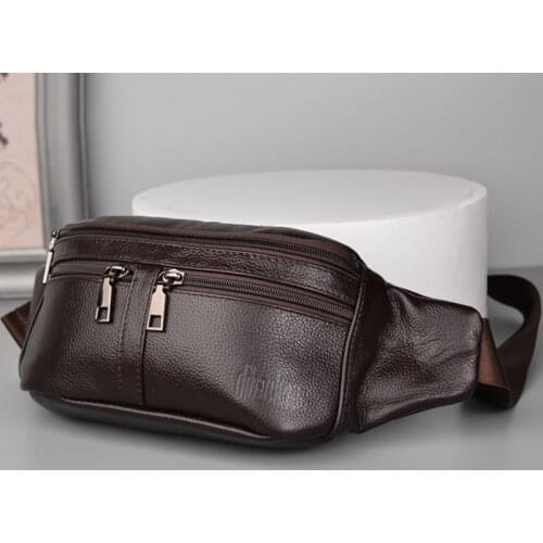 New Mens Waist Bag Multi-function Cell Phone Bag Head Layer Cowhide One Shoulder Bag Genuine Leather Chest Bag Satchel