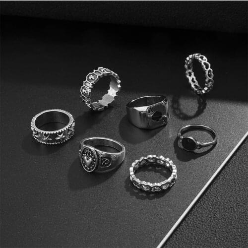 KunJoe Antique Silver Color Vintage Bohemia Rings Set for Women Men Punk Carved Ring Fashion Jewelry Accessories Knuckle Anillos
