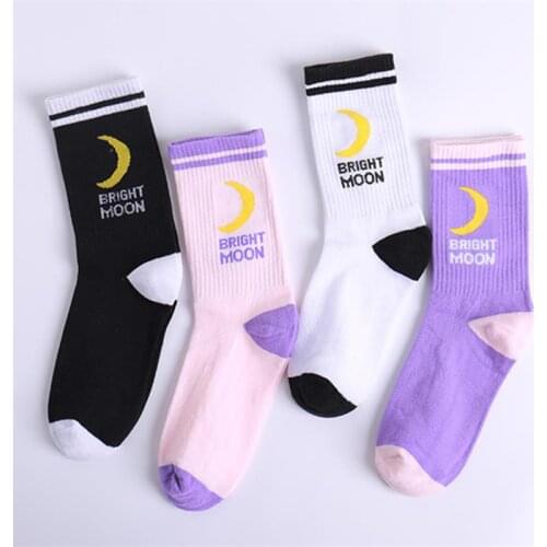 2020 New Women Cotton Middle Tube Socks Autumn Winter Fashion Colorful Cute Cartoon Moon Letter Socks Comfortable And Breathable
