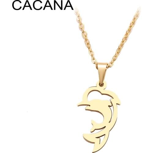 CACANA Stainless Steel Necklace For Women Man Jumping Dolphin Gold And Silver Color Pendant Necklace Engagement Jewelry