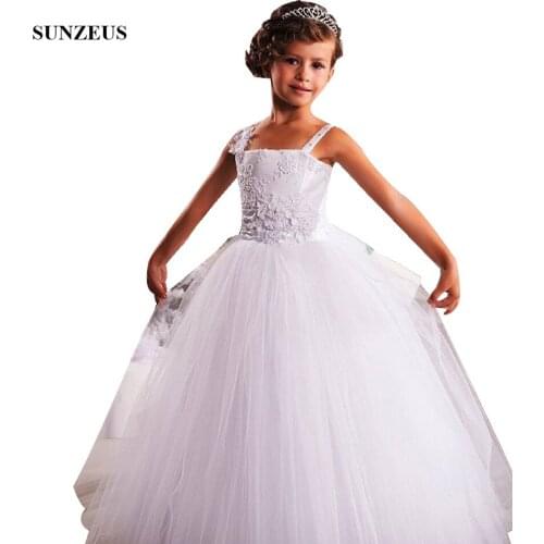 Robe Enfant Mariage A-line Spaghetti Straps Flower Girl Dress With Appliques Flowers Long White Party Gowns abiyeler FLG110