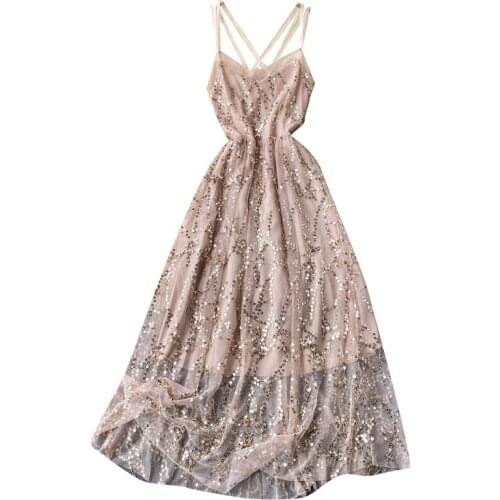 2021 Summer New Style Goddess Cross Halter Design Sense Slim Sequin Tassel Holiday Slim Sexy Dress Fairy