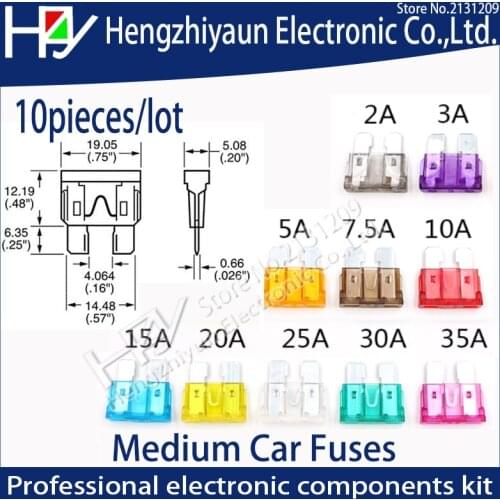 Hzy 10pcs/lot Medium Car Fuses 2A 3A 5A 7.5A 10A 15A 20A 25A 30A 35A ClipAmp Assortment Auto Blade Fuse-Suv