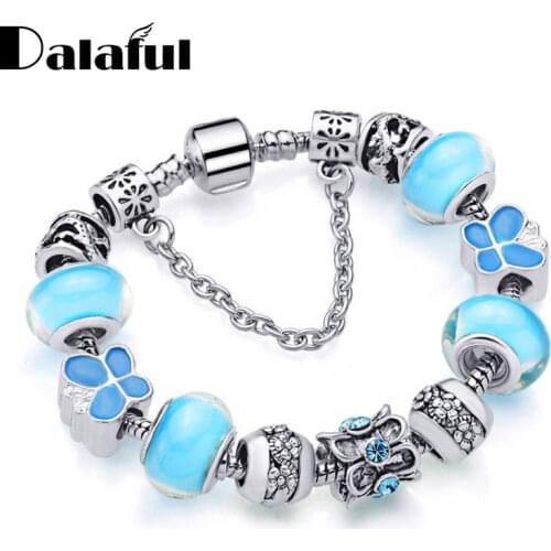 Luxury Blue Glass Beads Exquisite DIY Bracelet Butterfly Flower Crystal Bracelets & Chic Bangles For Women Fashion Jewelry S346