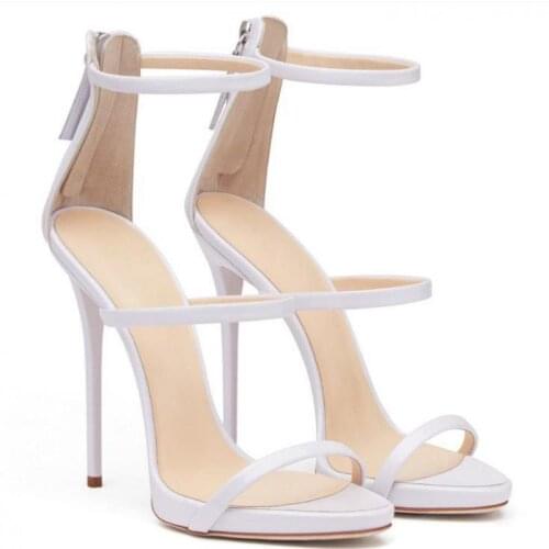 Gladiator Sandals Women Pumps Ankle Strap High Heels Sandal Stiletto Heels Open Toe Back Zipper Patent Leather White Party Shoe