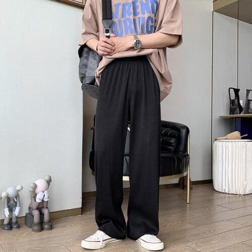 HOUZHOU Pleated Pants Men Summer Elastic Waist Trousers Male Ice Silk Fabric Casual Black Wide Leg Pants Korean Style Jokers