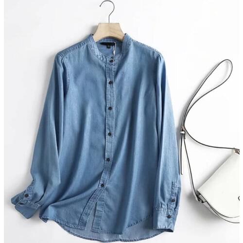 Dave&Di Style High Street Vintage Stand Collar Denim Blusas Mujer De Moda 2021 Enlgand shirt Women Blouse And Tops