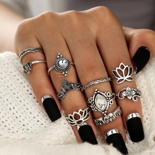 Vintage Silver Color Middle Finger Rings Hollow Lotus Hyperbole Crystal Knuckle Rings For Women Men Ancient Silver Color Jewelry