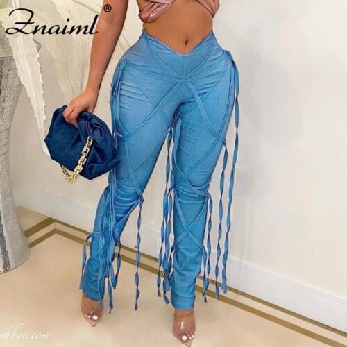 Znaiml Back Cross Bandage Jeans For Women Mid Waist Tassels Lace Up Streetwear Casual Denim Trousers Female Fashion New Clothes