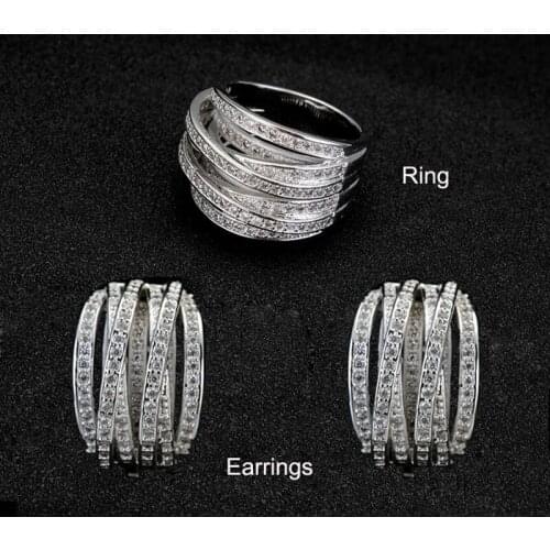 Top Quality New Fashion Mosaic AAA Zircon Crystal Multilayer Criss-Cross Silver Earrings+Ring Sets Jewelry for Women