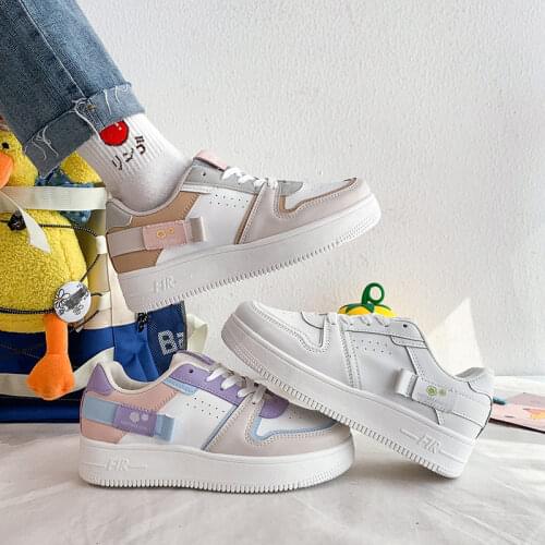 Womens flats Shoes Mixed Color Cavans Casual Pu Leather Woman Vulcanize Shoe Lace Up Comfort Platform Ladies Sneakers Soft 2021