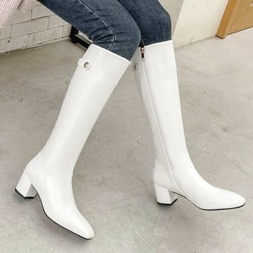 Black White Square Toe Women Boots Faux Leather Knee High Boots Autumn Winter Low Heel Long Boots Fashion Zip Shoes Size 42 43