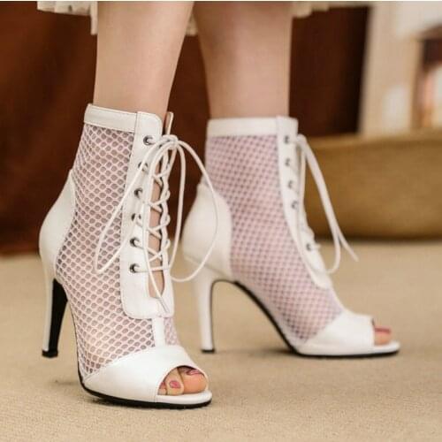Black White PU Leather Mesh Women Ankle Boots Fashion Peep Toe Thin High Heel Women Summer Boots Cross Tied Womens Shoes