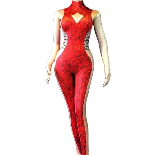 Red Personality Pattern Printing Backless Jumpsuit Sleeveless Nightclub Party Bar Dance Show Wear Performance Costume Ladies