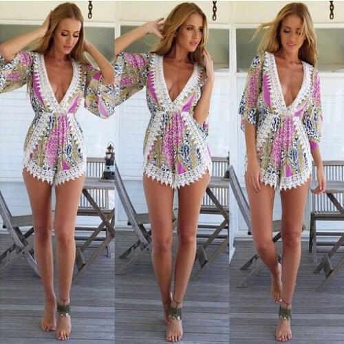 Sexy Stitching Lace Playsuit Women V Neck Irregular Crochet Beach Jumpsuit Shorts 3S2357-1 Sexy Clubwear Jumpsuits
