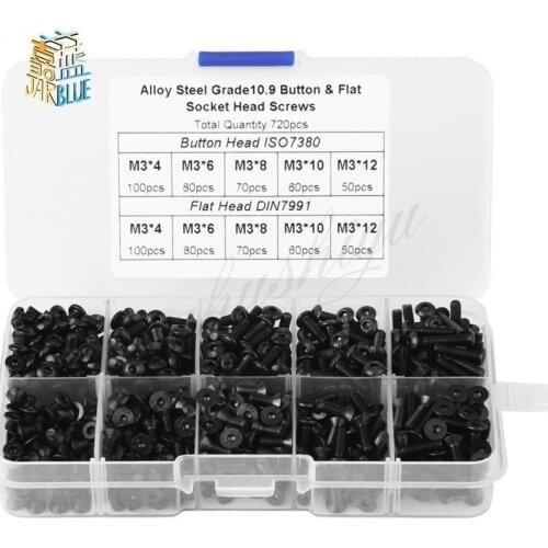 720pcs/set M3 Alloy Steel Hex Socket Flat Head Screws Bolts Assortment Kit Fastener Hardware With Box Black