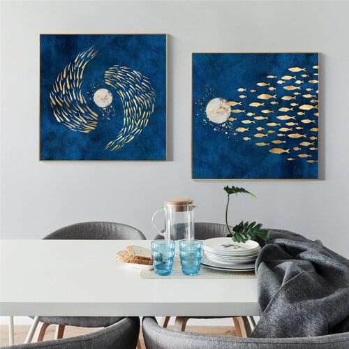 Nordic Abstract Moon Fish Wall Art Poster Blue Texture Canvas Print Painting Modern Minimalist Pictures For Living Room Decor