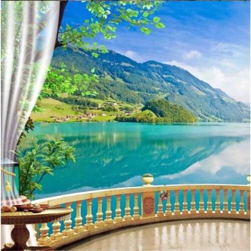 Beibehang Customized large murals fashion home improvement 3D forest balcony lake blue sky clear water white clouds river wall