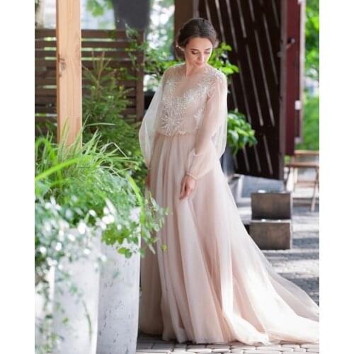 Boho Wedding Dress A-Line O-Neck Lantern Sleeve Illusion Tulle Lace Appliques Sequined Floor Length Sweep Train Bride Gown New