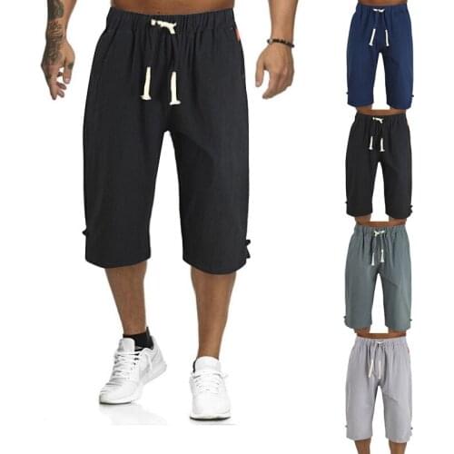 Summer New Mens Casual Solid Color Knee Length Cotton Hemp Lace Up Mens Pants Plus Size Shorts