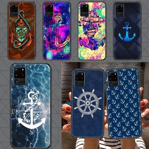 Stripes Anchor Boat Ship Wheel Phone case For Samsung Galaxy Note 4 8 9 10 20 S8 S9 S10 S10E S20 Plus UITRA Ultra black art
