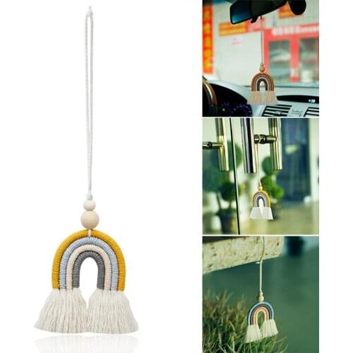 Handmade Decorative Rear View Mirrior Pendant Cotton Rainbow Tassel Car Diffuser Hanging Keychain Car Interior Decor for Vehicle