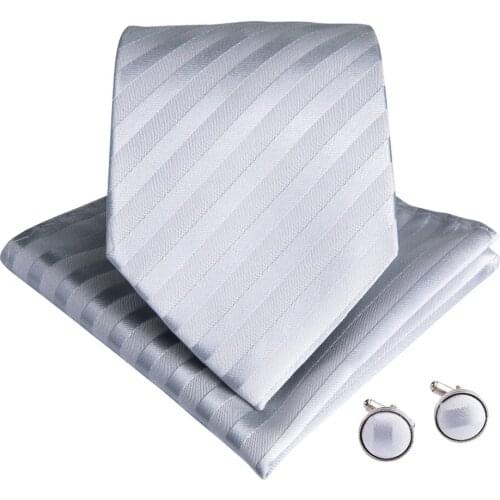 DiBanGu 2019 Designer Silver White Striped Mens Tie Handkerchief Cufflinks Tie For Men Suit Business Wedding Tie Set SJT-7003