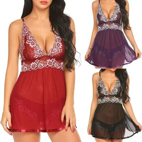 Hot Sale Sexy Night Dress Women Lingerie Halter Chemise Lace Babydoll Set V-Neck Teddy Sleepwear Koszula Nocna Plus Size S-2XL